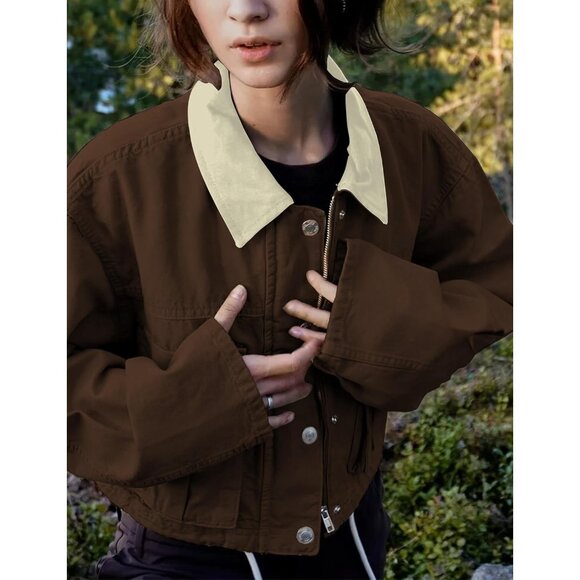 Women Coffee Cropped Utility Cargo Coat Contrast Collar Barn Outwear - Picture 2 of 6